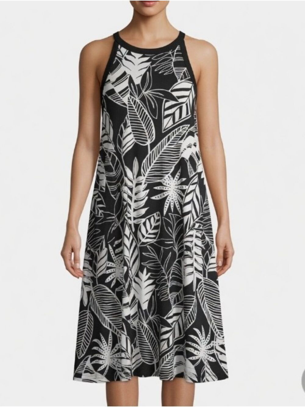 Old Navy Black & White Tropical Leaf  Sleeveless Sun Dress Size Medium NWOT